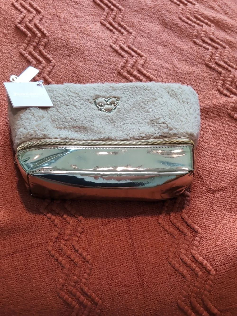 Juicy Couture Faux Fur & Metallic Cosmetic Pouch - Cream and Rose Gold